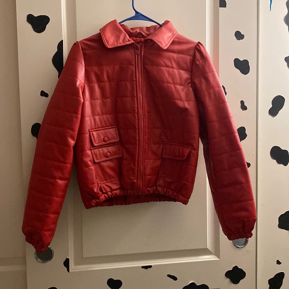 Red puffer jacket
